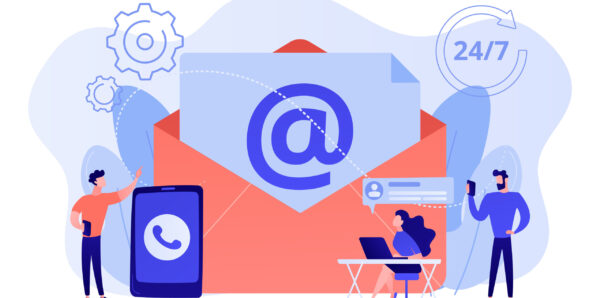 Email marketing, Internet chatting, 24 hours support. Get in touch, initiate contact, contact us, feedback online form, talk to customers concept. Pink coral blue vector isolated illustration