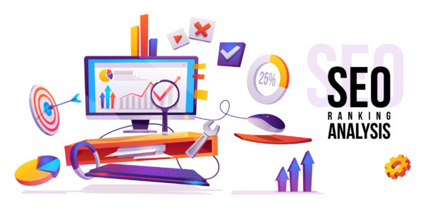 SEO ranking analysis banner. Technology for internet marketing and digital business content. Computer desktop with wrench, magnifier, graphs and media icons around, Cartoon vector illustration, poster