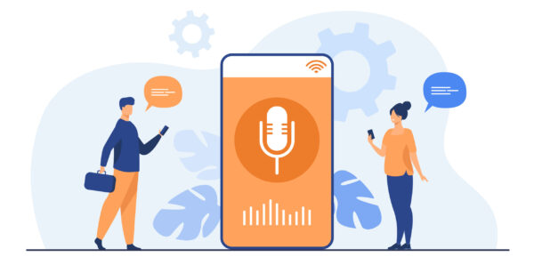 People using voice assistant app on smartphone with speaker on screen. Vector illustration for sound technology, ai, smart interface, soft ware development concept